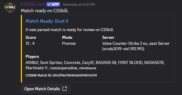 Preview of CSSkill Discord bot match-ready message